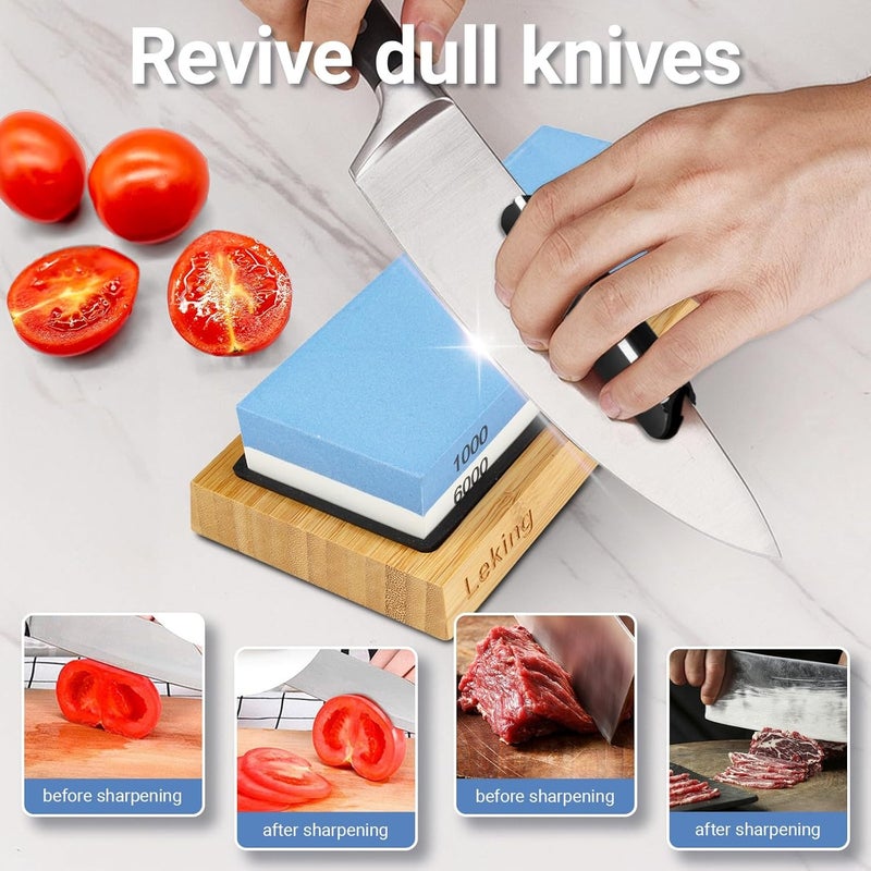 LeKing Professional Knife Sharpener & Sharpening Stone Set: 1000/6000 Grit Dual-Sided Whetstone(7"x2.4"x1.2") with Bamboo Base, Non-Slip Silicone Holder, Angle Guide & Leather Strop Kit - Image 3